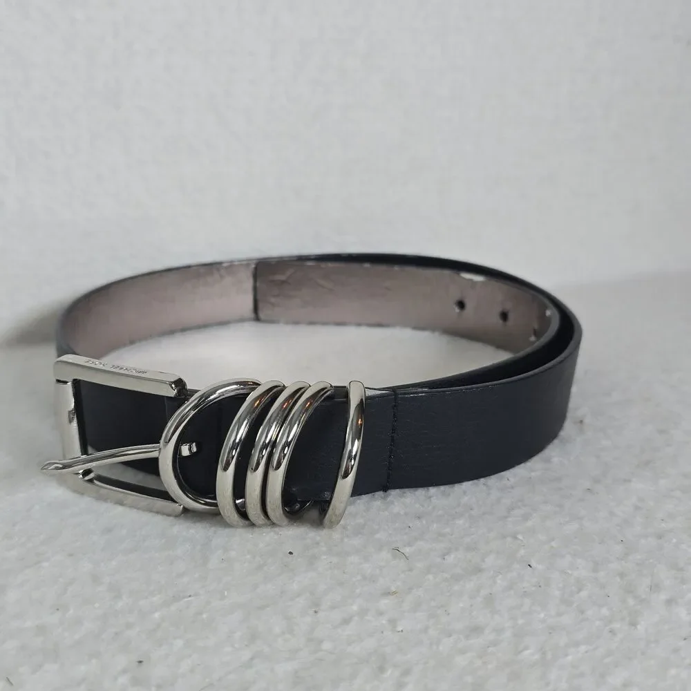 Michael Kors Genuine Leather Belt Black Silver Buckle 5 Metal Rings Small